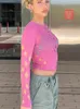 ALLNeon 2000s Aesthetics Vintage Pink Hollow Out Crop Tops Y2K Fashion E-girl O-neck Printing Long Sleeve T-shirts Women