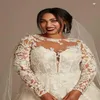 2022 Lace Wedding Dresses Sheer O-neck Illusion Long Sleeve Plus Size Applique Floral Puffy Dress Princess Bridal Gown Purely Handmade