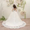 Girl's jurken formeel lang achterblijvend bloemenmeisje voor bruiloft kralen Lace Holy First Communion Backless Kids Pageant Jurk Birthdaygirl's