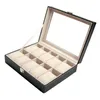 Uhrenbox aus Leder mit 10 Fächern, Glasplatte, Schmuckvitrine, Organizer, Business-Aufbewahrung mit abnehmbarem Kissen 220617