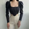 Women's Blouses & Shirts Yong Style Vintage Square Collar Spring Puff Sleeve White Bustier Women Party Backless Ruched Boned Corset Crop Top