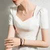 T-Shirt français à manches courtes et col en v pour femme, haut blanc en pur coton, couleur unie, été, W220422