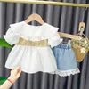 Clothing Sets Baby Girl Clothes Set Summer Plaid Bow Shirt Cotton Birthday Puff Sleeve Denim Shorts Infant Fashion SuitClothing