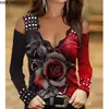 Moda Donna Luxury Skinny Rose T-shirt Fiore stampato con spalle scoperte Manica lunga Abiti larghi XS-5XL 220408