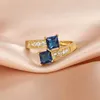 Eheringe Niedliche weibliche blaue Kristallstein-Ring 14KT Gelbgold Farbe für Frauen Luxus Braut Quadrat Zirkon VerlobungsringHochzeit Rita22