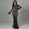 year Beautiful Luxury Feathers Crystal Mesh Black Party Dress Elegant Sexy Evening Long Sleeve Maxi Dresses CX220331