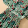 Summer Short Sleeve Mid-Calf Dress V Neck Green Floral Print Chiffon Beading Paneled Elegant Casual Dresses 22Q151632 Plus Size XXL