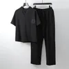 남성 의류 대형 크기의 트랙복 남편 여름 정장 린넨 티셔츠 패션 패션 남성 세트 중국 스타일 8xl 9xl plus 2 조각 220708