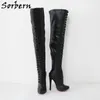 Sorbern Retro punta redonda medio muslo botas altas mujeres tacón alto Stilettos botón personalizado bota larga cremallera trasera muslos gruesos personalizados