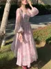 Francuska vintage sukienka z długim rękawem Kobieta bajka elegnat kwiatowa sukienka midi wieczorna impreza koreańska letnia chifonowa plaża 220516
