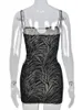 Sexig spaghetti rem klippt ut rygglös miniklänning kvinnor mesh se genom flockande vestidos 2022 Summer Evening Party Grunge Robe 220507