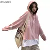 Met hoed hoodies vrouwen Harajuku patchwork Koreaanse losse meisjes roze sweatshirts lange mouw veer chic letter extra grote pullovers t200525