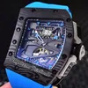 Alain Prost F1 Autoamtic Tourbillon Mens Watch NTPT Fibra de Carbono Data Big Skeleton Dial Edição Limitada Azul Strap Strap Sports Watches Puretime01 7001g7