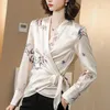 Korean Silk Women Blouses Woman Satin Print Shirt Women Long Sleeve Silk Blouse Tops Plus Size Elegant Woman Satin Floral Blouse 210326