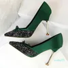 Dress Shoes Women 10cm High Heels Lady Sequins Satin Bowknot Pumps Female Green Party Burgundy Glitter