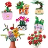 꽃다발 DIY 빌딩 블록 낭만적 인 장미 꽃 분재 선인장 식물 3D 모델 벽돌 어린이의 교육 장난감 소녀 선물 220715