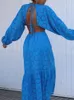 TRAF Bleu Cutwork Robe Longue Femmes Broderie Maxi Robe Femme D'été Dos Nu Femme Robe À Manches Longues Robes Décontractées pour Femmes 220811