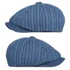 Retro Riding platte pet gewassen denim trend visbeen baret hoed mannen herfst krantenverkoper jume cap gestreepte gatsby schilder achthoekige hoeden j220722