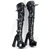 Мода-готические бедра высокие ботинки для верховой езды женские кружевные платформы высокие блок каблуки панк боевые туфли