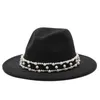 Szerokie czapki brzegowe 2022 Winter Fedora for Women Fashion Flat Wool Feel Jazz Men Pearl Goth Top Vintage Wedding Hat Eger22