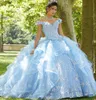 2022 Light Sky Blue Beaded Ball Gown Quinceanera Dresses Lace Sequined Off The Shoulder Prom Gowns Tiered Sweep Train Tulle Sweet 15 Masquerade Dress C0609G11