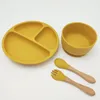 Baby Fütterungsset Lebensmittelqualität Silikongerichte Säuglingsplatte Nicht-Silp-Saugschale Kinder Tischgeschirr kostenlos Löffel Gabel 4pcs/Set