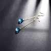 Boucles d'oreilles pendantes en or 14 carats avec topaze bleue injectée pour femme, cadeaux longs pour petite amie