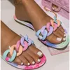 Hausschuhe klare transparente flache Frauen Schuhe Frau Metallkette rutscht Regenbogen farbenfrohe Sommer Beach Flip Flops Plus Size