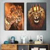 Animal Lion King with Crown Poster Cuadros Wall Art Canvas Painting Watercolor Canvas Print Pictures for Living Room Home Decor