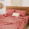 مجموعات الفراش مغسولة سرير الكتان مجموعة ألوان وردية صلبة غطاء حاف السوست