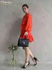 Clacive Mode Orange Femmes Robe 2022 Casual O-cou À Manches Longues Bureau Lady Mini Robes Élégant À Lacets À Volants Robe Femme T220804