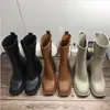 Designer Femmes Demi-bottes Chaussures Hiver Chunky Med Talons Plaine Carré Toes Chaussure Rainboots Zip Femmes Mi-mollet Booty Résistant À L'usure Botte À Semelles Épaisses