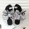 Nxy Slippers Women Summer Flip Flops Female Square Heel Outdoor Beach Sandals Soft Flat Bow Tie Lace Slides for 2022 220705