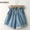 Summer High Waist Denim Shorts Women Casual Loose Ladies Fashion Roll Up Hem Elastic Pocket Blue White Jeans Female 220629