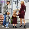Popreal Aile Eşleştirme Giysileri Katı etek Anne Kızı Elbise Ekose Baskı Baba ve Oğul Gömlek Aile Giyim Seti
