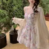 SLPBELE Elegant Floral Printed Strap Dress for Women Spring Backless Mini Dress Vintage Korean Bench Party Fairy Dress 2PC Set 220514