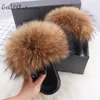 Ethel Anderson Fluffy Tofflor Real Fur Slides Inomhus Flip Flops Casual Skor Kvinna Raccoon Fur Sandaler Vogue Plush Shoes 220315