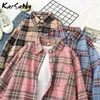 Karsany Spring Travid Shirt Kobiet Vintage Bluzka luźna biuro z długim rękawem Kobiety i bluzki płaszcz damskie koszulę bluzki w kratę 210326