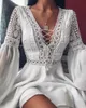 Robes décontractées Robe blanche Femmes Beach Mini Mousseline de soie Plus Taille Sexy Creux Out Plonge Col V Manches longues Crochet Dentelle Noir