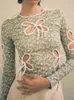 ALLNeon Vintage Butterfly Hollow Out Bandage Langarm T-Shirts Streetwear 90er Jahre Print O-Ausschnitt Grün Tops Y2K Mode Outfits 220408