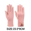 Fem fingrar handskar kvinnor vinter plus sammet tjockare varm pekskärm elegant pompom mocka vindtät full finger cykling körning