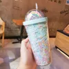 Stock 450ML Cute Rainbow tumbler Mugs Cup Double Plastic with Straws PET Material for Kids Adult Girlfirend Gift fy4479