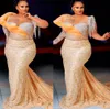 2022 Plus Size Arabic Aso Ebi Gold Mermaid Luxurious Prom Dresses Pärled Crystals Evening Formal Party Second Reception Birthday Engagement Gowns Dress ZJ274