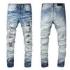 Mens Jeans Knee Ripped Slim Fit Skinny For Guys Wearing Biker Baggy Denim Stretch Distressed Motorcycle Male Fit Trendy Long Straight Zipper With Hole Patches Blue