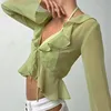 Allneon Vintage 90s Streetwear Ruffles Trime Green Szyfonowe T-shirty Y2K moda seksowna głęboka w koronkach do długich rękawów Transparent W220409