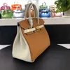Top 9A Togo Cowhide Leather Bicolors Bags Socialite Tote 25/30cm Woman Designer Handbag With horse and silk Lock Gold and Silver Hardware No Holes & Straps