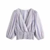 Kvinnor randig beskuren skjorta puff ärm elastisk midja v-hals casual mode chic lady high fashion woman blus topp 210709