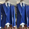 Nieuwe op maat gemaakte touwstreep bruiloft Tuxedos 3 stuks slanke fit heren pak blauwe mannen prom blazer broek (jas+broek+vest)