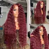 Nxy wigs xq 34 tum 99j Bourgogne Deep Curly spets front mänskliga hår s röda färgade brasilianska våg frontal för kvinnor 220528