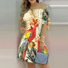 Casual Dresses Sexy Slash Neck Tie-Up Bow Party Dress Office Elegant Pattern Print Mini Summer Fashion Short Sleeve Women Vestidos